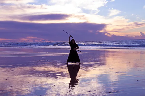 日没時の日本の sword(katana) と若い侍の女性、 — ストック写真