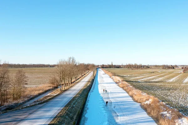 Aerial Ice Skaters Canal Countryside Netherlands — Stock Photo, Image