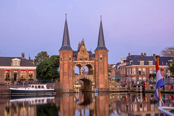 Watergate Historical City Sneek Friesland Netherlands Sunset Dutch Flag — Stock Photo, Image