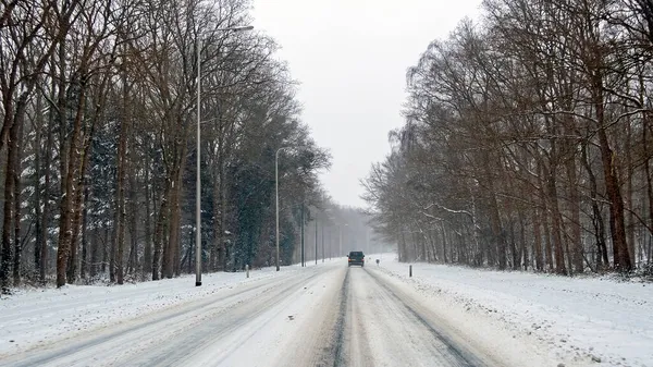 Driving Snowstorm Country Road Netherlands — Stock Photo, Image