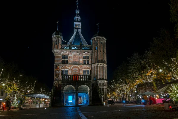 Historická Budova Waag Deventeru Noci Nizozemsku — Stock fotografie