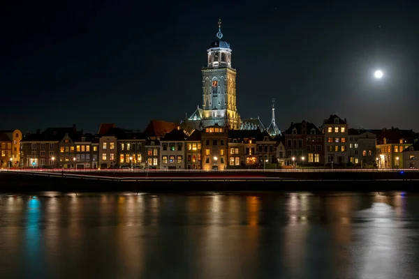 Città Panoramica Deventer Notte Con Chiesa Lebinius Nei Paesi Bassi — Foto Stock