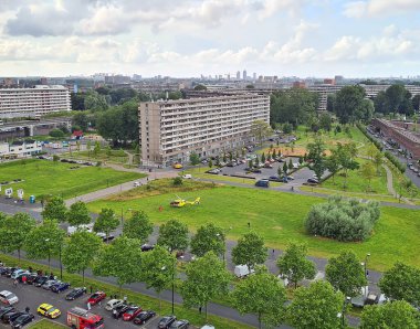 Amsterdam, Netherlands - August 9, 2021: Trauma helicopter landing during an emergency in Amsterdam the Netherlands