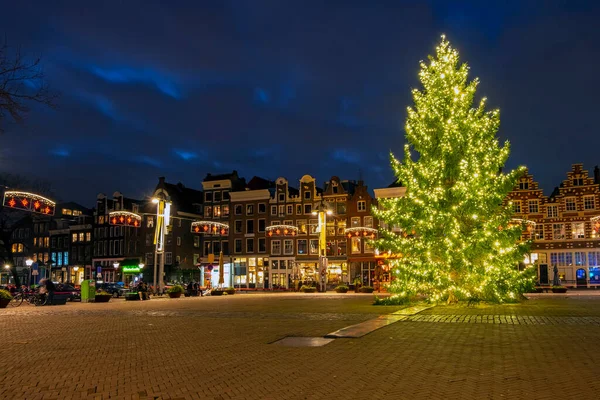 Natale Sul Nieuwmarkt Amsterdam Paesi Bassi Notte — Foto Stock