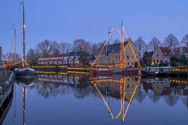 Ville Historique Dokkum Période Noël Aux Pays Bas Coucher Soleil — Photo