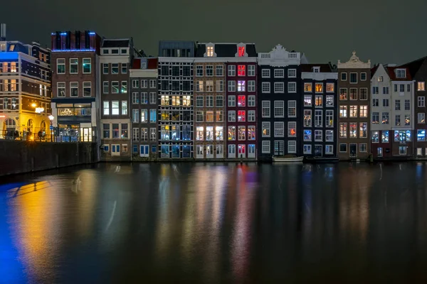 Traditonal Houses Damrak Amsterdam Netherlands Night — Stock Photo, Image