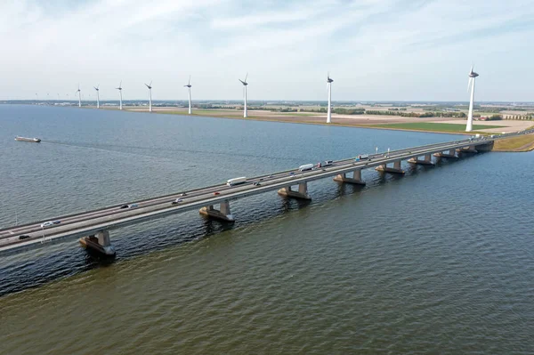 Luchtfoto Van Snelweg Windmolens Het Platteland Vanuit Nederland — Stockfoto