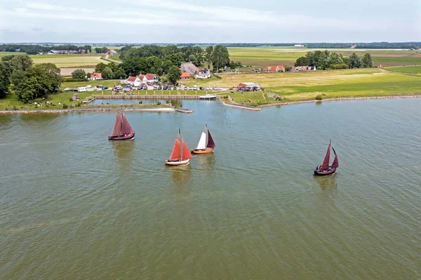 Aerial Traditional Dutch Wooden Boats Ijsselmeer Harbor Laaxum Friesland Netherlands — Stock Photo, Image