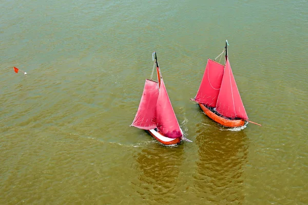 Luftaufnahme Von Traditionellen Holländischen Holzbooten Ijsselmeer Der Nähe Des Hafens — Stockfoto