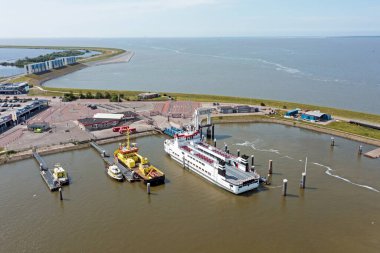Aerial from the harbor in Lauwersoog with the ferry to Schiermonnikoog