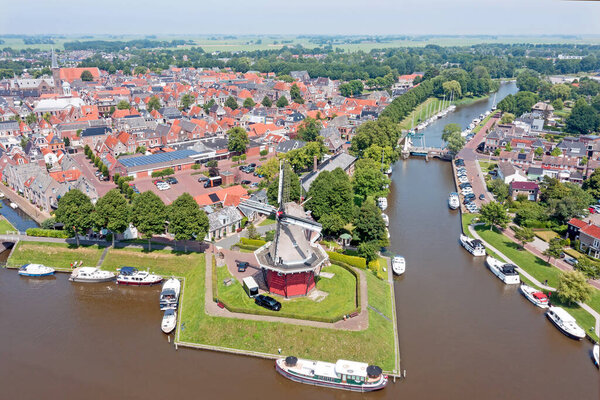 Aerial from the historical city Dokkum in Friesland the Netherlands