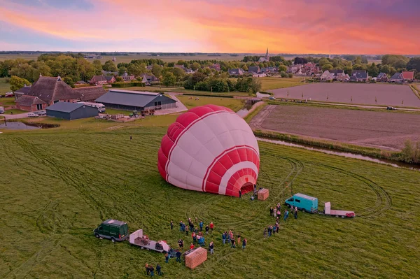 Aerial Hot Air Balloon Ready Take Netherlands Sunset — Zdjęcie stockowe