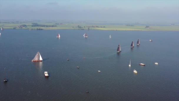Aerial Skutsjessilen Lake Fluessen Friesland Netherlands — 图库视频影像