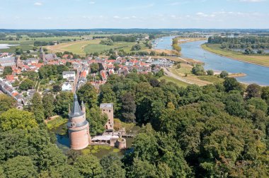 Aerial from the medieval town Wijk bij Duurstede with castle Duurstede at the river Lek in the Netherlands