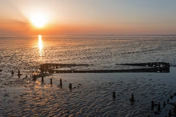 Aerial Old Ship Wreck Wadden Sea Netherlands Sunset — 스톡 사진