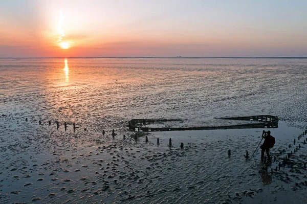 Aerial Old Ship Wreck Wadden Sea Netherlands Sunset Photographer Photographing — Zdjęcie stockowe