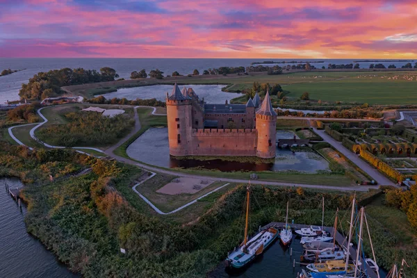 Aerial Muiderslot Castle Muiden Netherlands Sunset — Stock Photo, Image