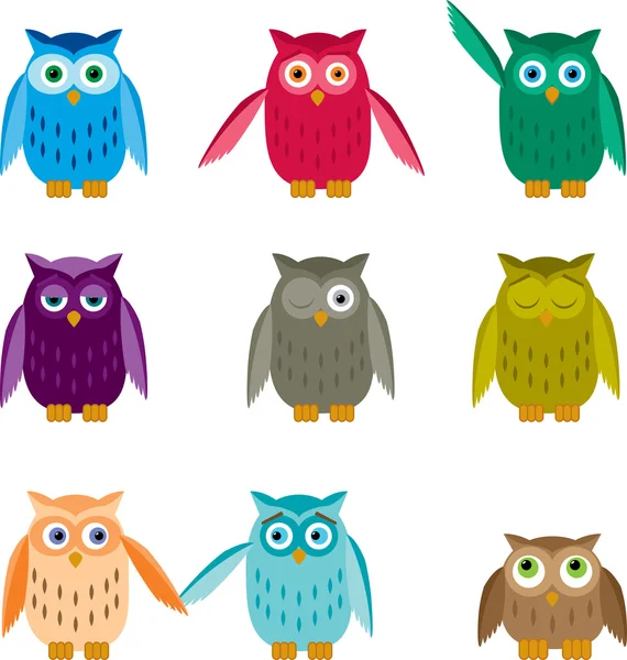 Set of Colorful Owls — Stock Vector