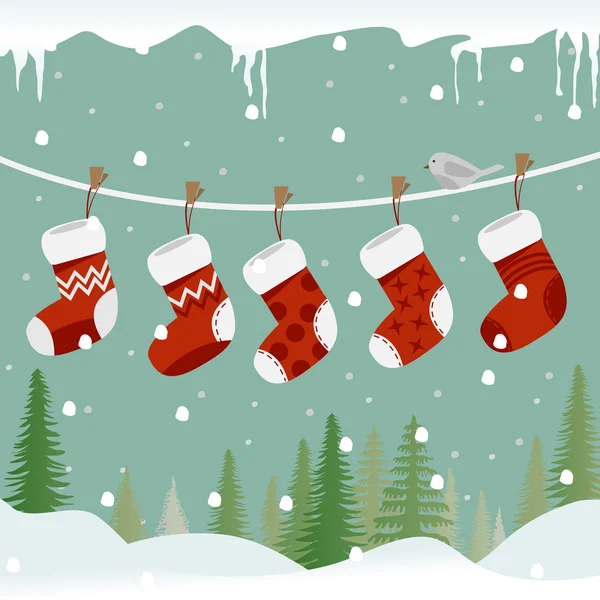 Chaussettes de Noël sur la corde avec oiseau — Image vectorielle