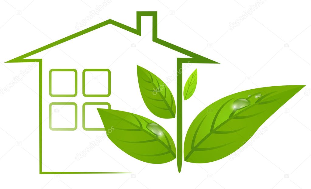 Ecological logo of green house with leafs and water drops.