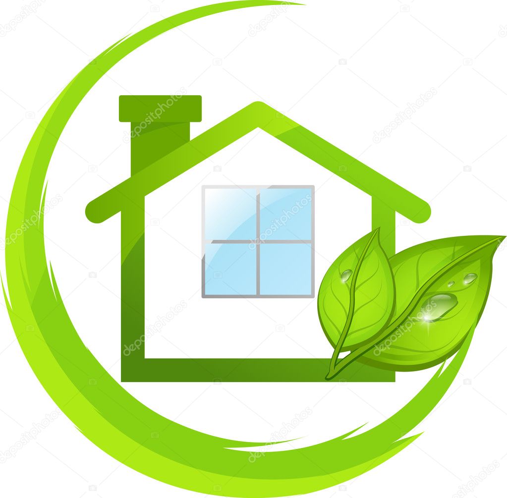 Logo of simple green eco house with leafs.