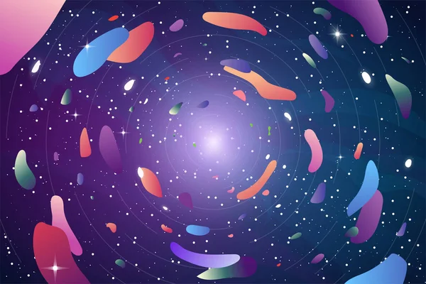 Fondo Con Órbitas Volando Alrededor Salpicaduras Gradiente Color Estrellas Nebulosas — Vector de stock