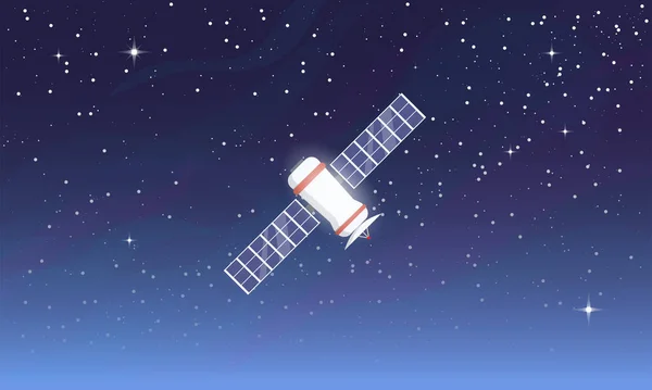 白い衛星が惑星の周りの宇宙軌道を飛んでいます 宇宙通信とデータ転送の概念 衛星上の太陽電池パネルとラジオ皿 銀河と大気の直径を持つ星空 — ストックベクタ