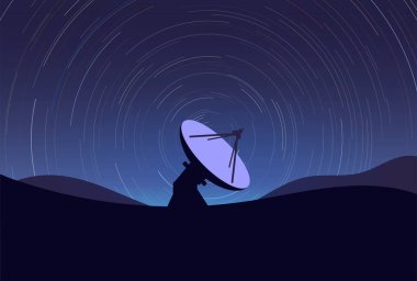 Big radio telescope on a hills, with night starry sky and time lapse star trails from Earth moving. Concentric circles from stars. Radio astronomy an interferometer antenna. Science space radar.  clipart