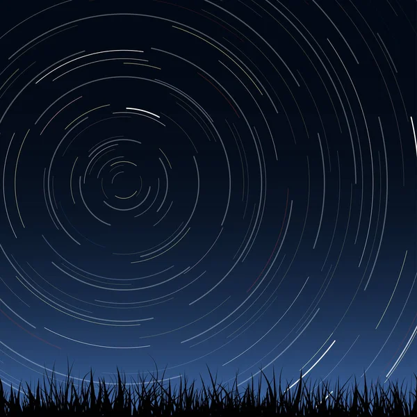 星の歩道の多くの夜空の下で草の黒いシルエット 星が空の極を横切って動いている青い暗い夜空 時間経過とともにの写真効果 — ストックベクタ