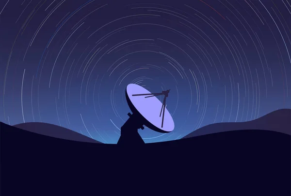 山上有一个巨大的射电望远镜 夜空中闪烁着星空 时间飞逝的星迹从地球上移动着 恒星的同心圆射电天文学是干涉计天线 科学空间雷达 免版税图库矢量图片
