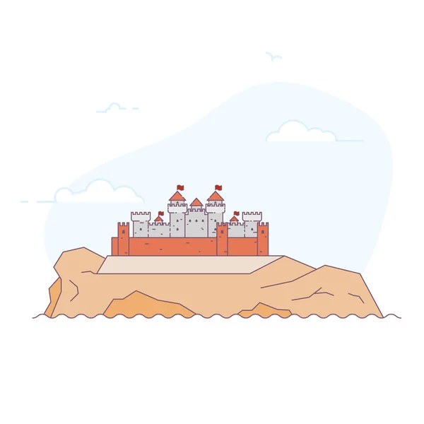 Medieval Castle Cliff Sea Realistic Historical Kingdom Fortress Towers Walls — Stock Vector