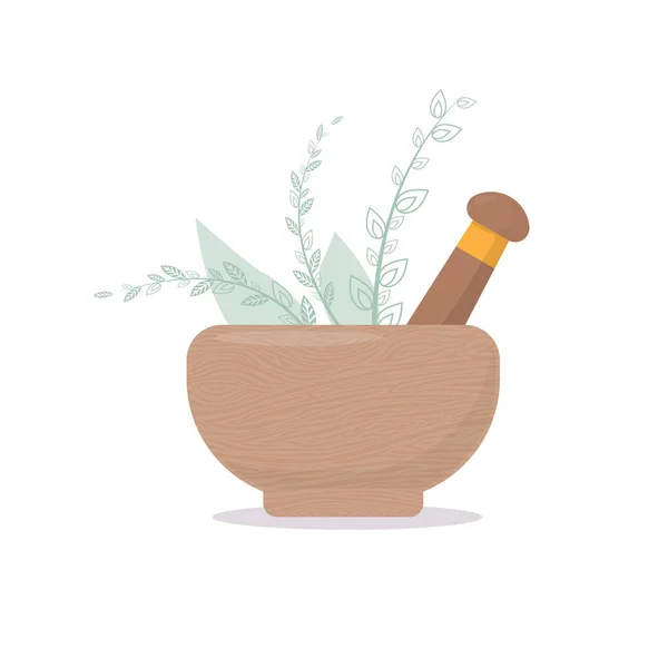 Wooden Mortar Pestle Leaves Plants Tool Cooking Food Grinding Spices — Stock Vector
