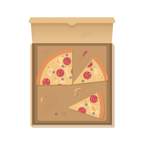 Opened Pizza Cardboard Box Realistic Pizza Slices Pizza Leftovers Eating — Wektor stockowy