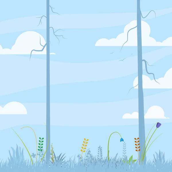 春と夏の花 木や青空と自然背景 空の背景に雲や鳥 春と夏の自然抽象的な漫画のベクトルイラスト — ストックベクタ