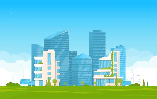Città Verde Moderna Futuristica Con Energie Rinnovabili Grandi Grattacieli Piccoli — Vettoriale Stock
