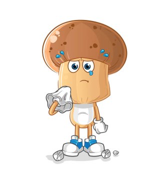 Mantar kafalı çizgi film karakteri peçeteyle ağlıyor. çizgi film maskotu vektörü