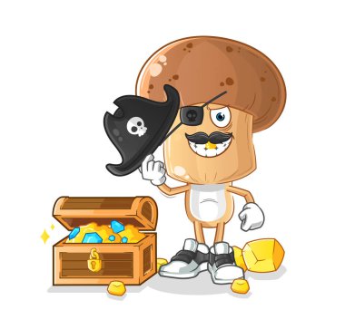 Hazine maskotlu mantar kafalı karikatür korsanı. çizgi film vektörü