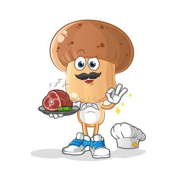 Et maskotuyla mantar kafalı çizgi film şefi. çizgi film vektörü