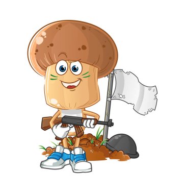 Mantar kafalı asker karakteri. çizgi film maskotu vektörü