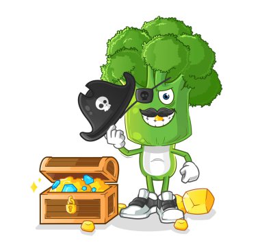 Brokoli kafalı karikatür korsanı ve hazine maskotu. çizgi film vektörü