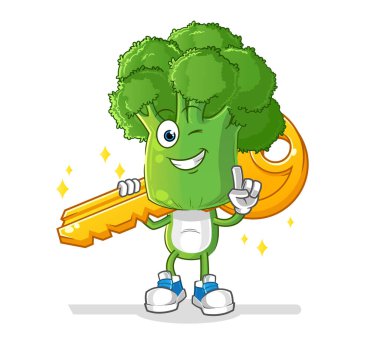 Brokoli kafa çizgi filmi anahtar maskotu taşır. çizgi film vektörü
