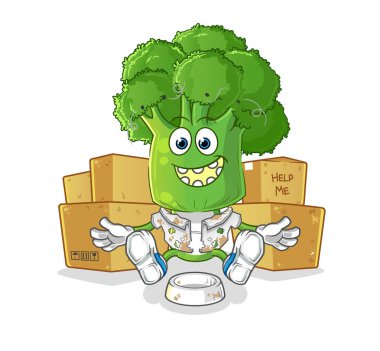 Brokoli kafalı evsiz çizgi film karakteri. çizgi film maskotu vektörü