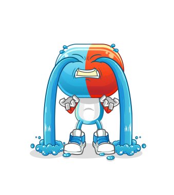 Kapsül kafalı karikatür ağlama illüstrasyonu. karakter vektörü