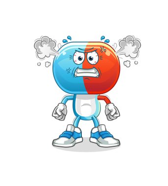 Kapsül kafalı karikatür çok kızgın bir maskot. çizgi film vektörü