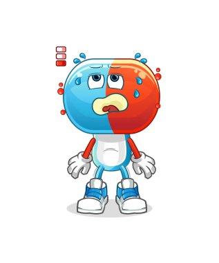 Kapsül başlıklı çizgi film düşük batarya maskotu. çizgi film vektörü