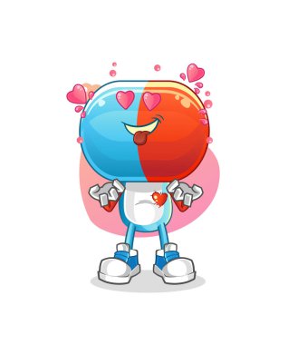 Kapsül kafalı çizgi film karakteri Fallin Love vektörü. çizgi film karakteri