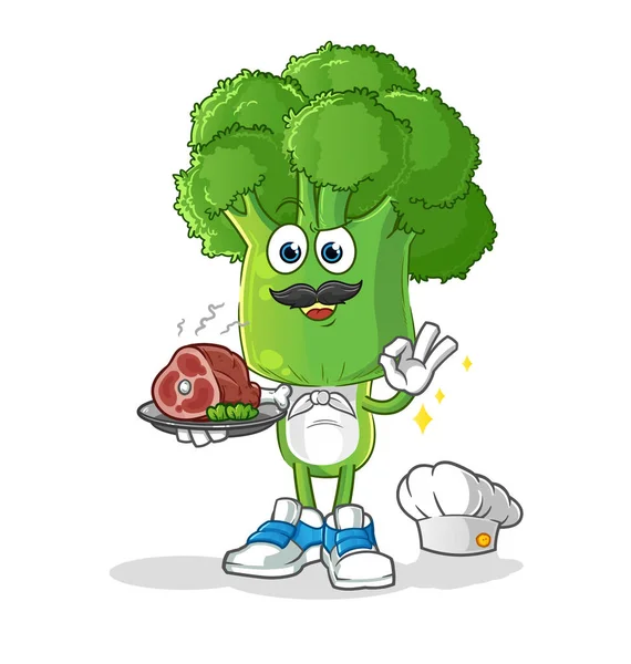 Brócolis Chefe Dos Desenhos Animados Chefe Com Mascote Carne Vector —  Vetores de Stock