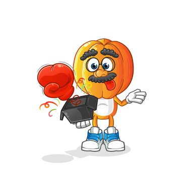 Yıldız meyve kafalı çizgi film şakası eldiveni kutuda. çizgi film maskotu