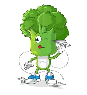 Brokoli kafa karikatürü ve kağıt uçak karakteri. çizgi film vektörü