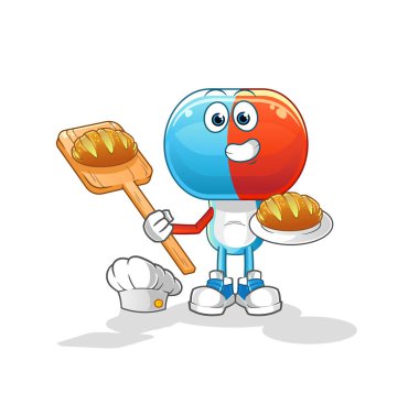 Kapsül kafalı fırıncı ve ekmek. çizgi film maskotu vektörü